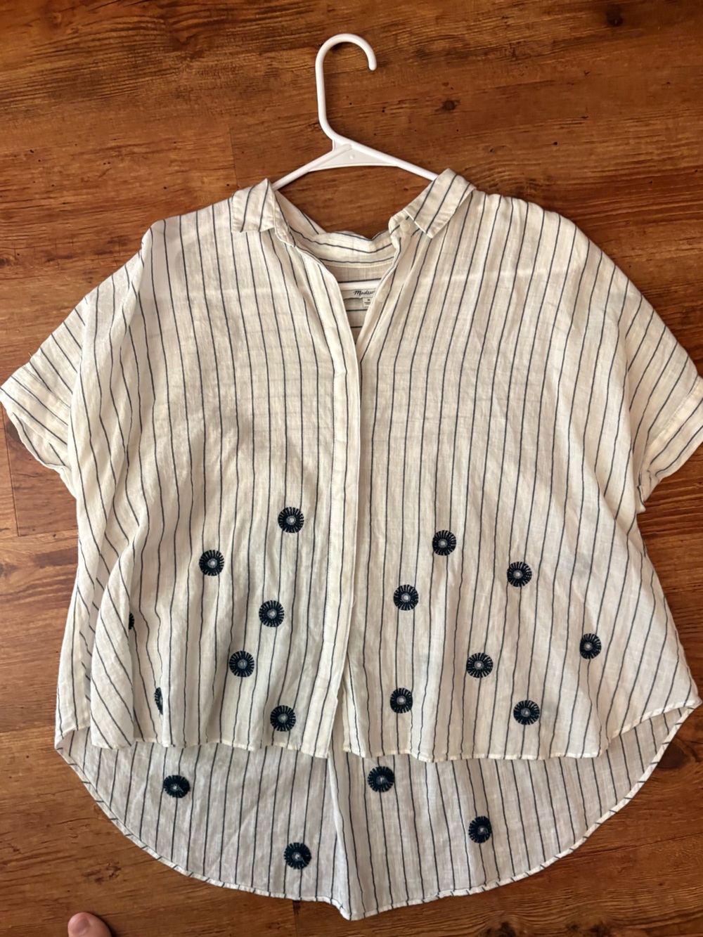 Striped Embroidered Short Sleeve Top - Cream with navy Details